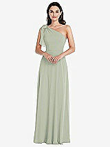 Alt View 1 Thumbnail - Celadon Draped One-Shoulder Maxi Dress with Scarf Bow