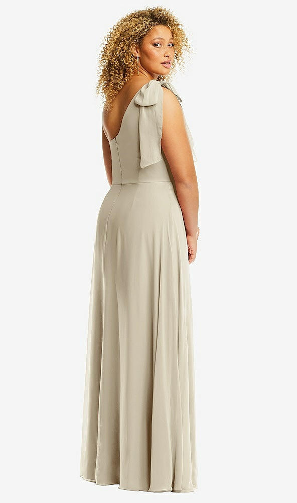 Back View - Champagne Draped One-Shoulder Maxi Dress with Scarf Bow