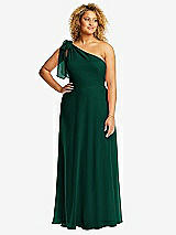 Front View Thumbnail - Hunter Green Draped One-Shoulder Maxi Dress with Scarf Bow