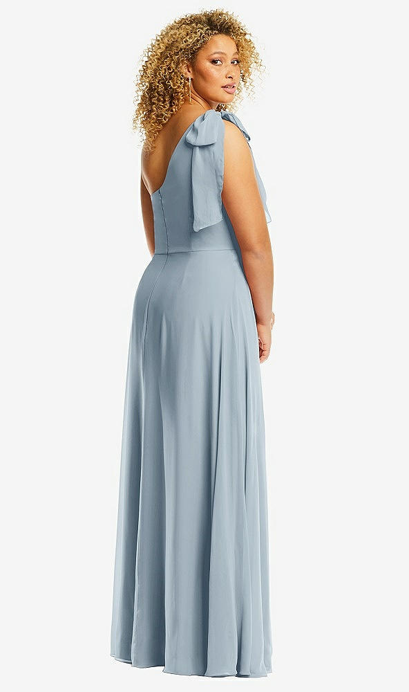 Back View - Mist Draped One-Shoulder Maxi Dress with Scarf Bow