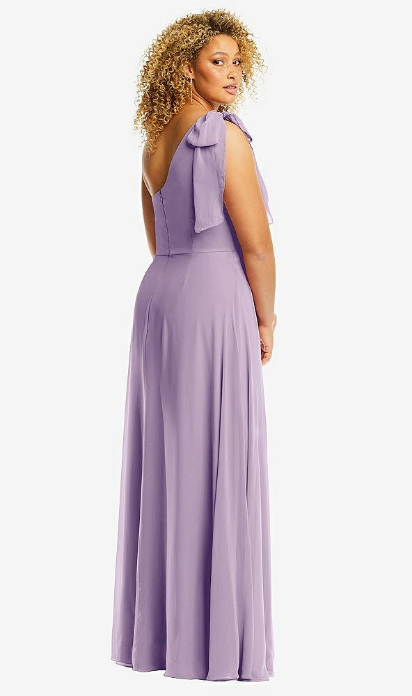 Back View - Pale Purple Draped One-Shoulder Maxi Dress with Scarf Bow