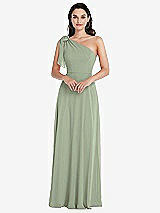 Alt View 1 Thumbnail - Sage Draped One-Shoulder Maxi Dress with Scarf Bow