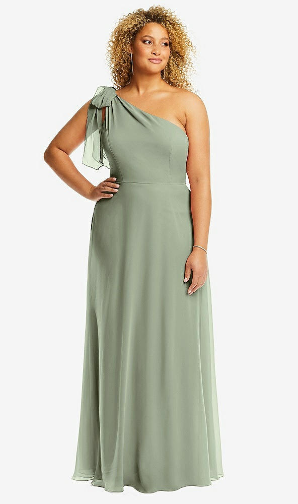 Front View - Sage Draped One-Shoulder Maxi Dress with Scarf Bow