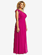 Side View Thumbnail - Think Pink Draped One-Shoulder Maxi Dress with Scarf Bow