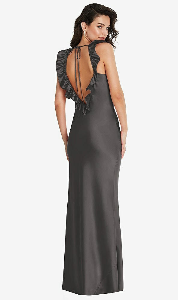 Front View - Caviar Gray Ruffle Trimmed Open-Back Maxi Slip Dress