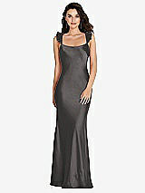 Rear View Thumbnail - Caviar Gray Ruffle Trimmed Open-Back Maxi Slip Dress