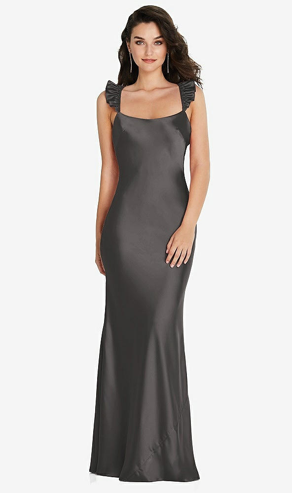 Back View - Caviar Gray Ruffle Trimmed Open-Back Maxi Slip Dress