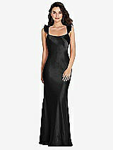 Rear View Thumbnail - Black Ruffle Trimmed Open-Back Maxi Slip Dress