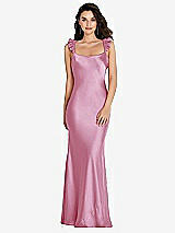 Rear View Thumbnail - Powder Pink Ruffle Trimmed Open-Back Maxi Slip Dress