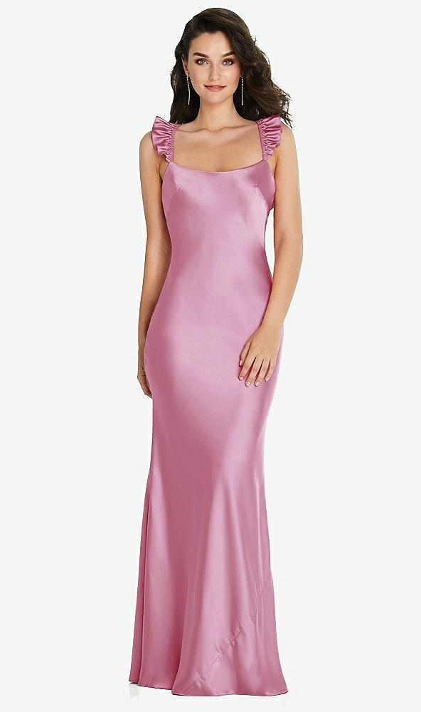 Back View - Powder Pink Ruffle Trimmed Open-Back Maxi Slip Dress