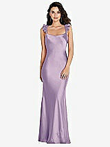 Rear View Thumbnail - Pale Purple Ruffle Trimmed Open-Back Maxi Slip Dress