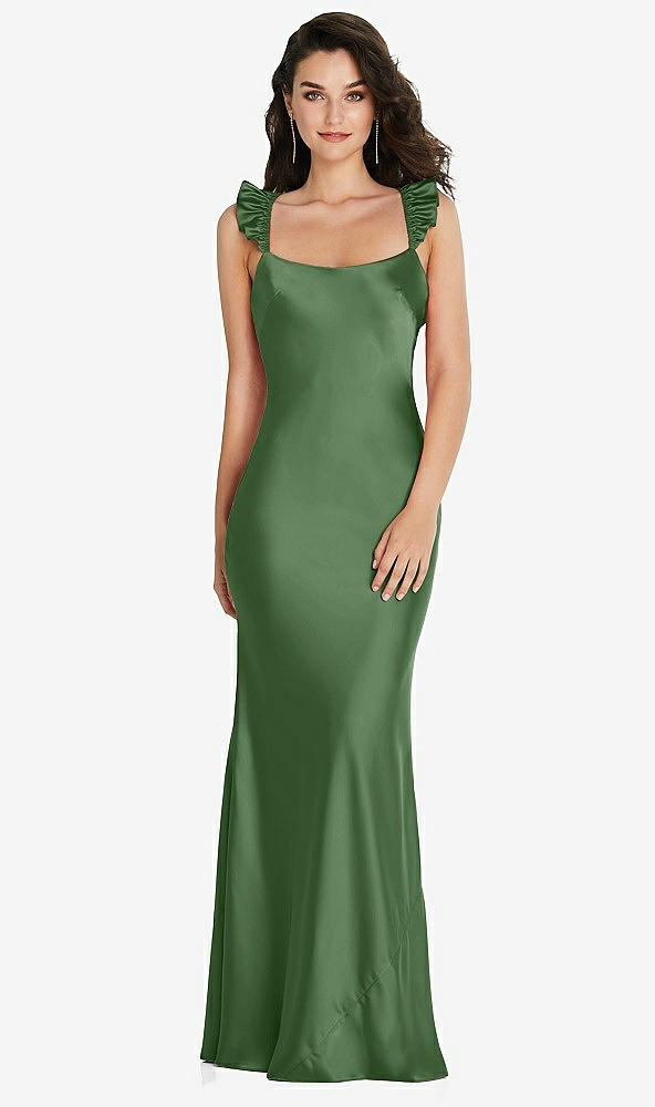 Back View - Vineyard Green Ruffle Trimmed Open-Back Maxi Slip Dress