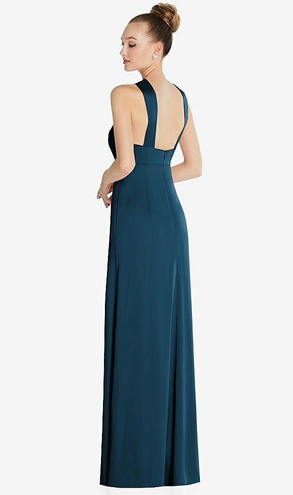 Back View - Atlantic Blue Draped Twist Halter Low-Back Satin Empire Dress