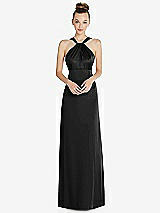 Front View Thumbnail - Black Draped Twist Halter Low-Back Satin Empire Dress