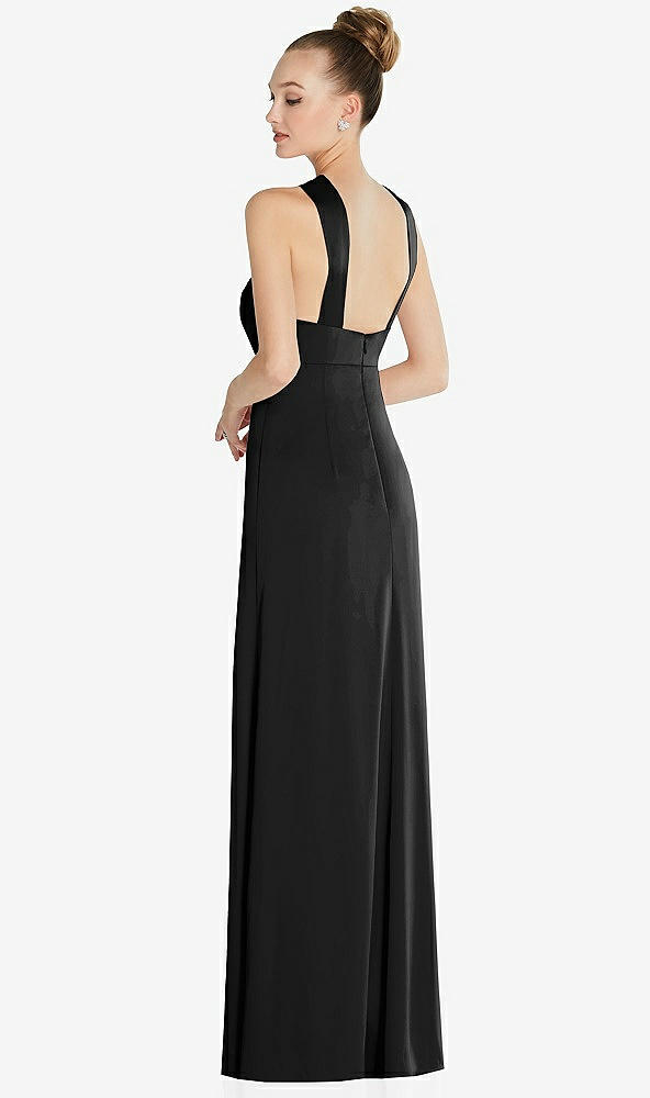 Back View - Black Draped Twist Halter Low-Back Satin Empire Dress