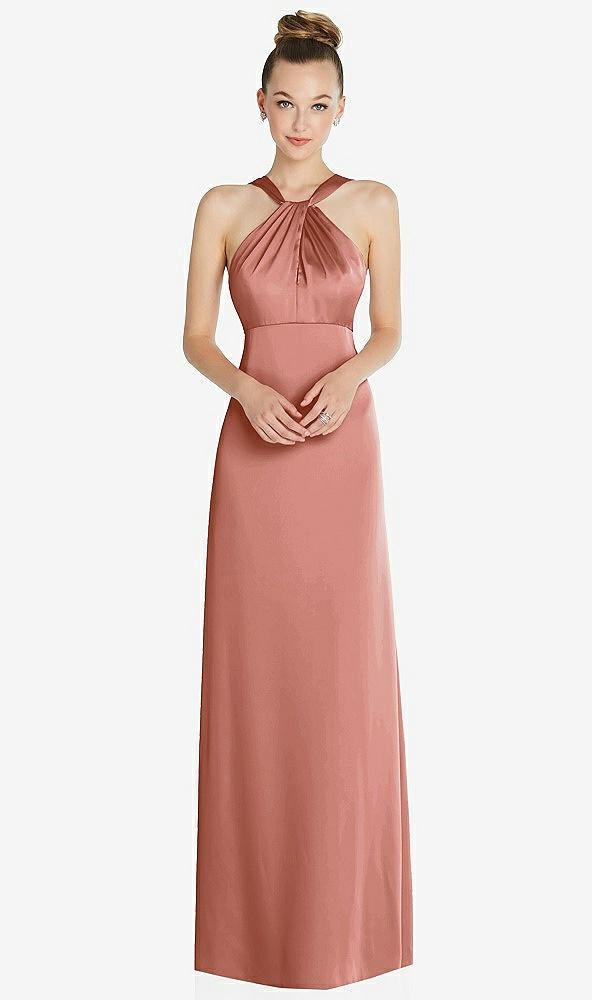 Front View - Desert Rose Draped Twist Halter Low-Back Satin Empire Dress