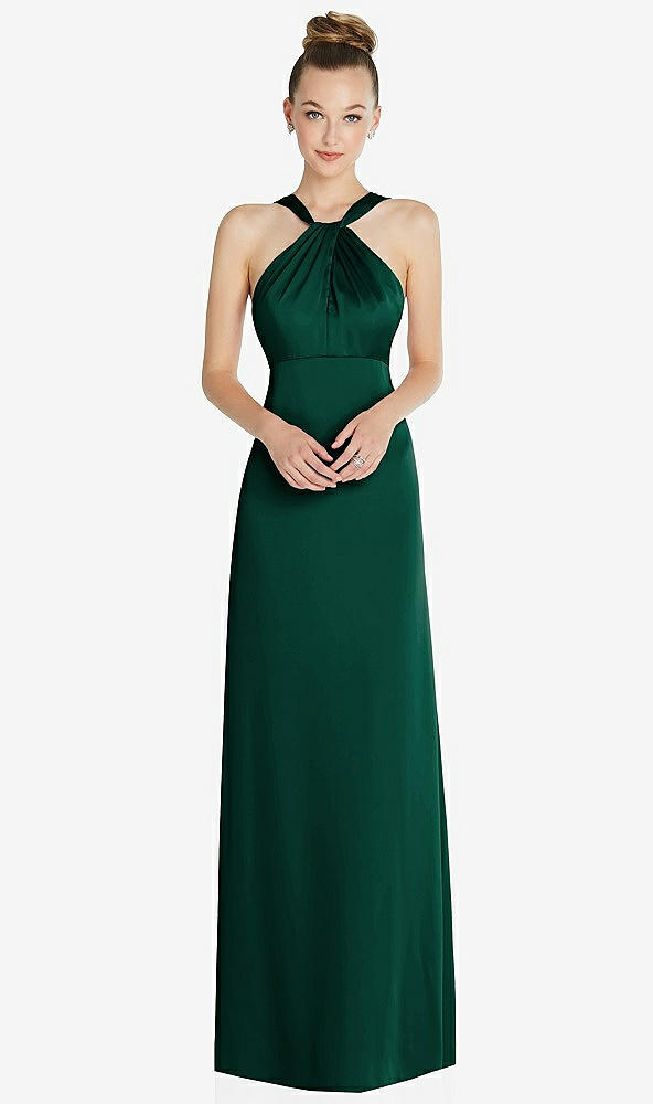 Front View - Hunter Green Draped Twist Halter Low-Back Satin Empire Dress