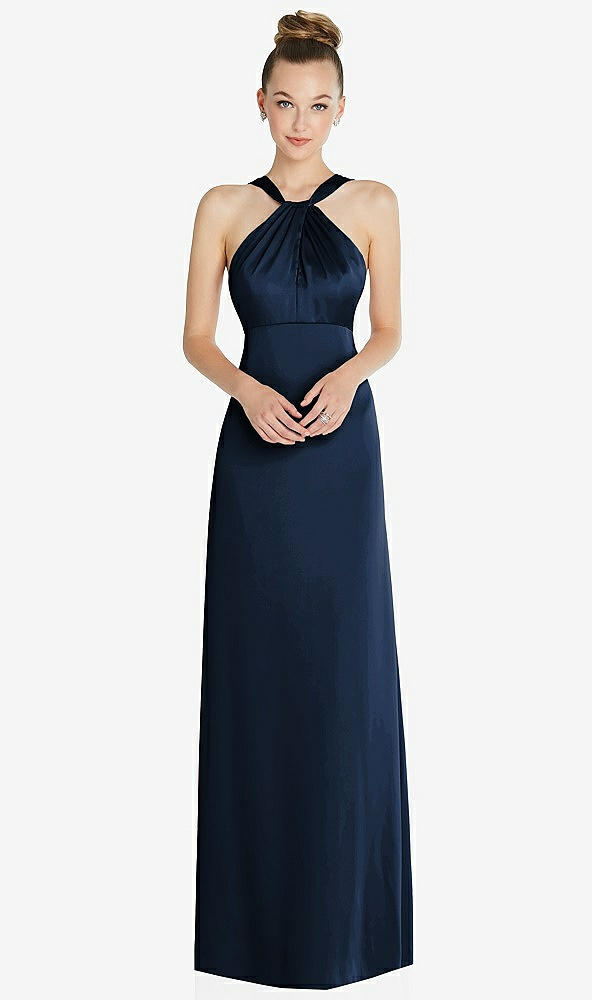 Front View - Midnight Navy Draped Twist Halter Low-Back Satin Empire Dress