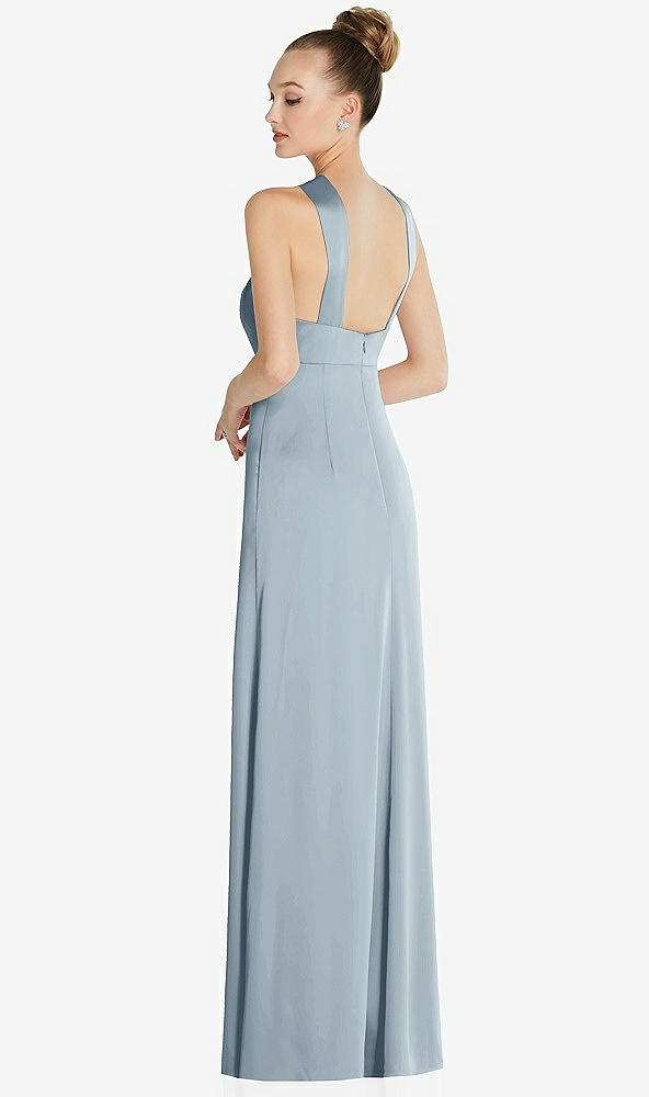 Back View - Mist Draped Twist Halter Low-Back Satin Empire Dress