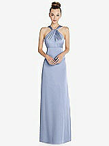 Front View Thumbnail - Sky Blue Draped Twist Halter Low-Back Satin Empire Dress