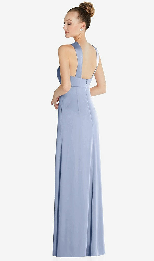 Back View - Sky Blue Draped Twist Halter Low-Back Satin Empire Dress