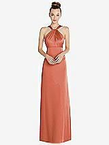 Front View Thumbnail - Terracotta Copper Draped Twist Halter Low-Back Satin Empire Dress