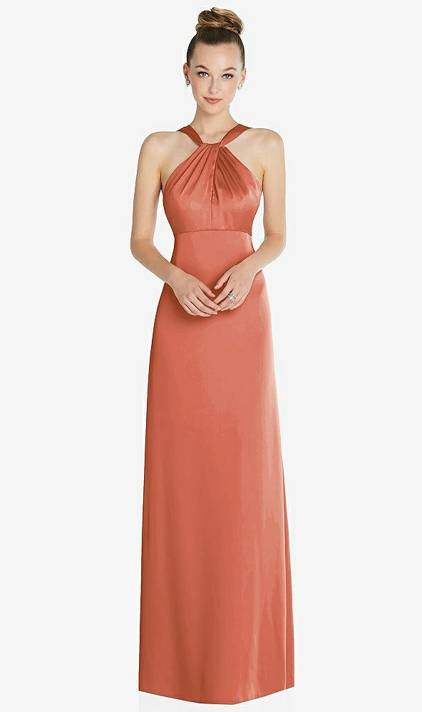 Front View - Terracotta Copper Draped Twist Halter Low-Back Satin Empire Dress