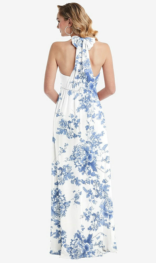 Back View - Cottage Rose Dusk Blue Empire Waist Shirred Skirt Convertible Sash Tie Maxi Dress