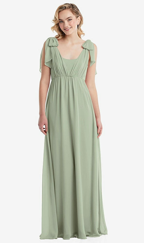 Front View - Sage Empire Waist Shirred Skirt Convertible Sash Tie Maxi Dress