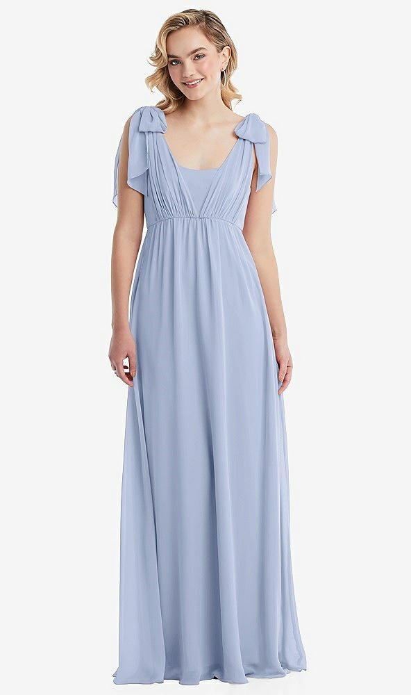 Front View - Sky Blue Empire Waist Shirred Skirt Convertible Sash Tie Maxi Dress