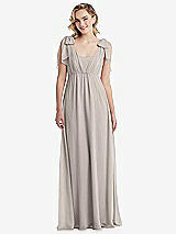 Front View Thumbnail - Taupe Empire Waist Shirred Skirt Convertible Sash Tie Maxi Dress