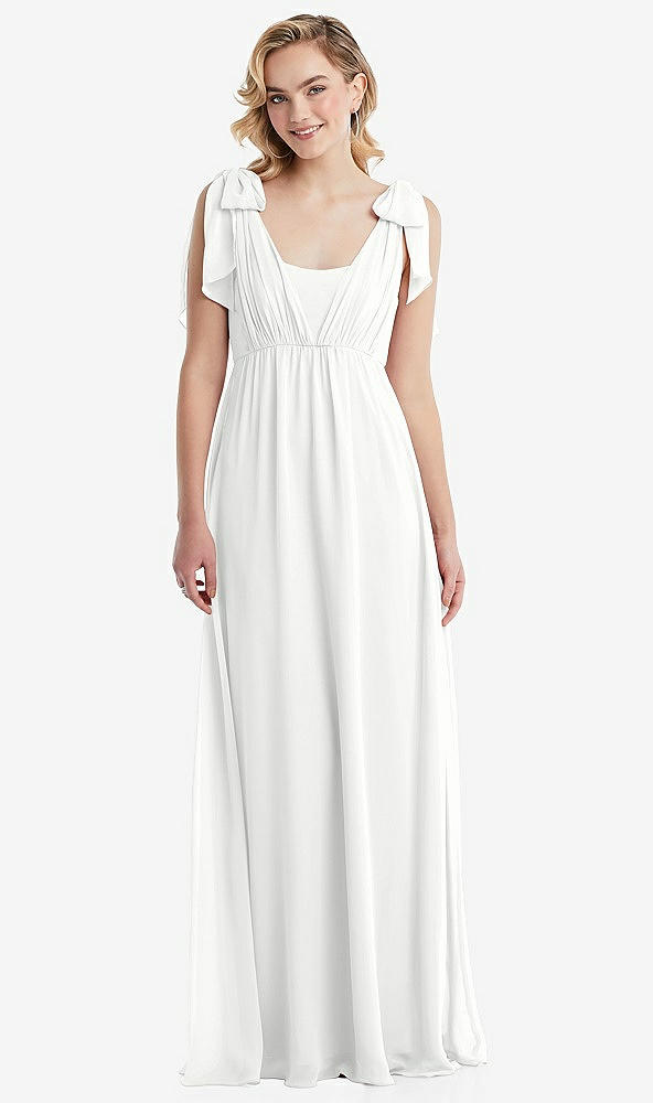 Front View - White Empire Waist Shirred Skirt Convertible Sash Tie Maxi Dress