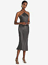 Front View Thumbnail - Caviar Gray Diamond Halter Bias Midi Slip Dress with Convertible Straps