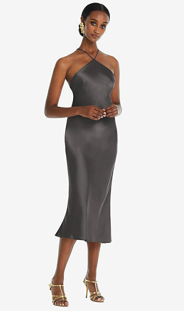 Front View - Caviar Gray Diamond Halter Bias Midi Slip Dress with Convertible Straps