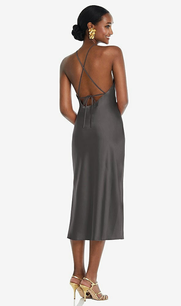 Back View - Caviar Gray Diamond Halter Bias Midi Slip Dress with Convertible Straps