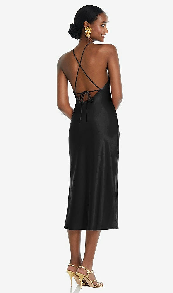 Back View - Black Diamond Halter Bias Midi Slip Dress with Convertible Straps