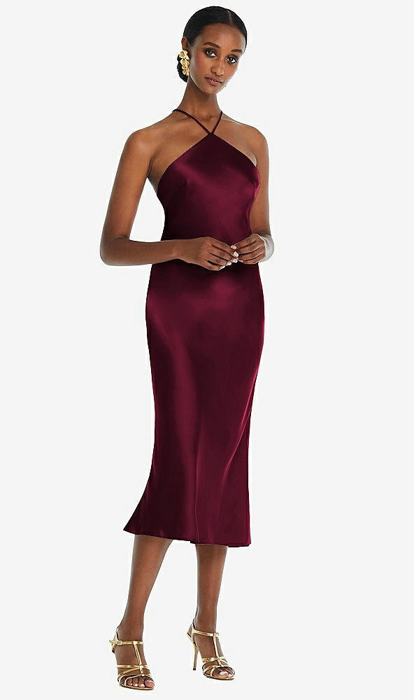 Front View - Cabernet Diamond Halter Bias Midi Slip Dress with Convertible Straps