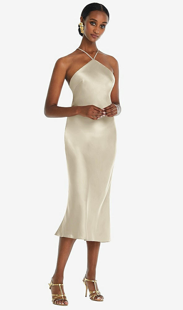 Front View - Champagne Diamond Halter Bias Midi Slip Dress with Convertible Straps