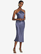 Front View Thumbnail - French Blue Diamond Halter Bias Midi Slip Dress with Convertible Straps