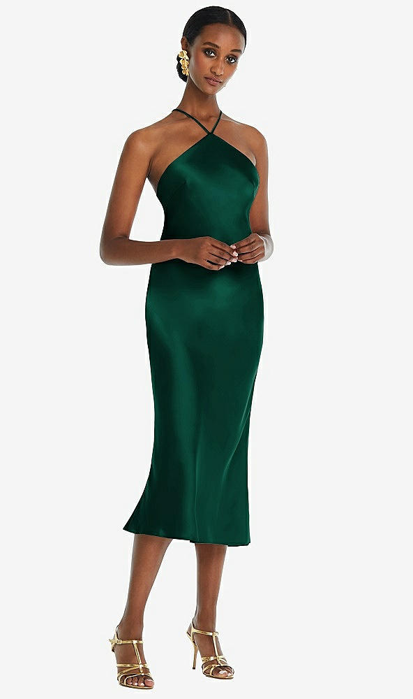 Front View - Hunter Green Diamond Halter Bias Midi Slip Dress with Convertible Straps