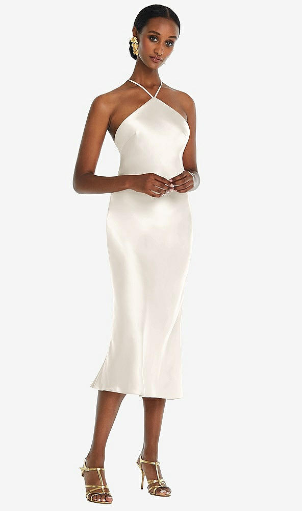 Front View - Ivory Diamond Halter Bias Midi Slip Dress with Convertible Straps