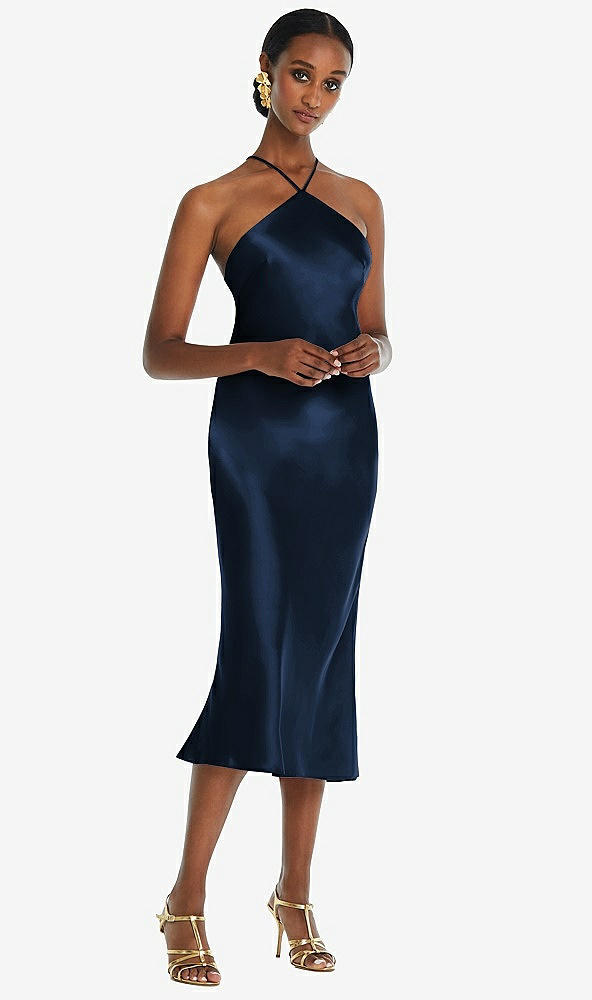 Front View - Midnight Navy Diamond Halter Bias Midi Slip Dress with Convertible Straps