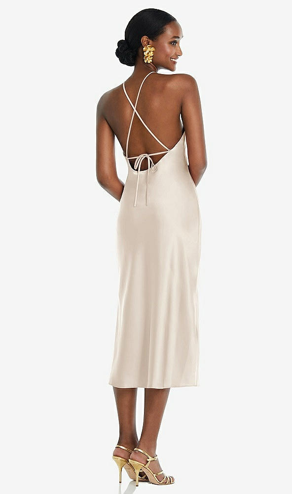 Back View - Oat Diamond Halter Bias Midi Slip Dress with Convertible Straps