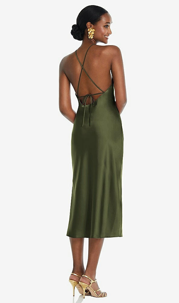 Back View - Olive Green Diamond Halter Bias Midi Slip Dress with Convertible Straps