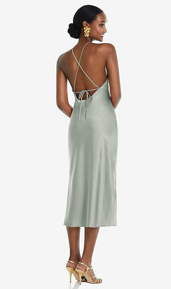 Back View - Willow Green Diamond Halter Bias Midi Slip Dress with Convertible Straps