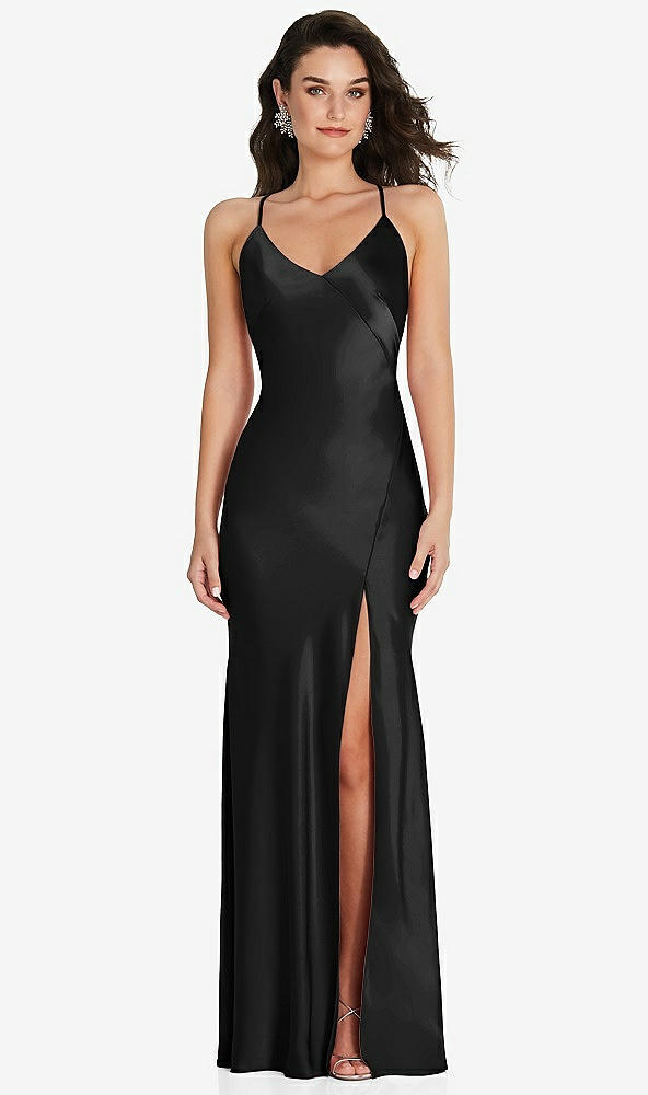 Front View - Black V-Neck Convertible Strap Bias Slip Dress with Front Slit