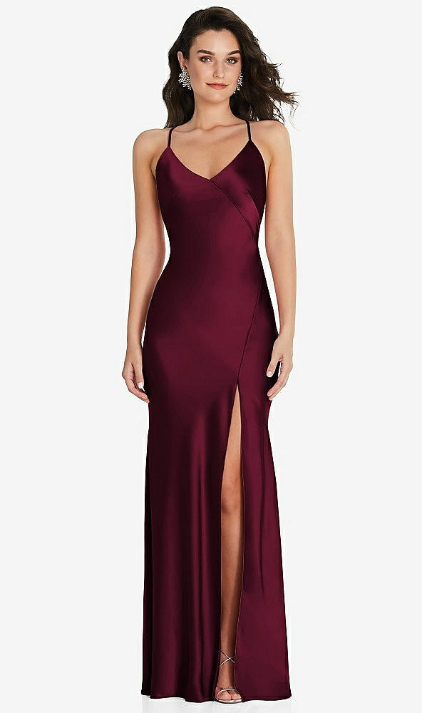 Front View - Cabernet V-Neck Convertible Strap Bias Slip Dress with Front Slit