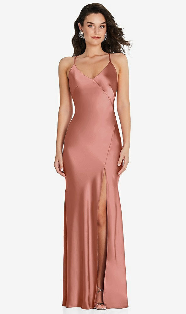 Front View - Desert Rose V-Neck Convertible Strap Bias Slip Dress with Front Slit