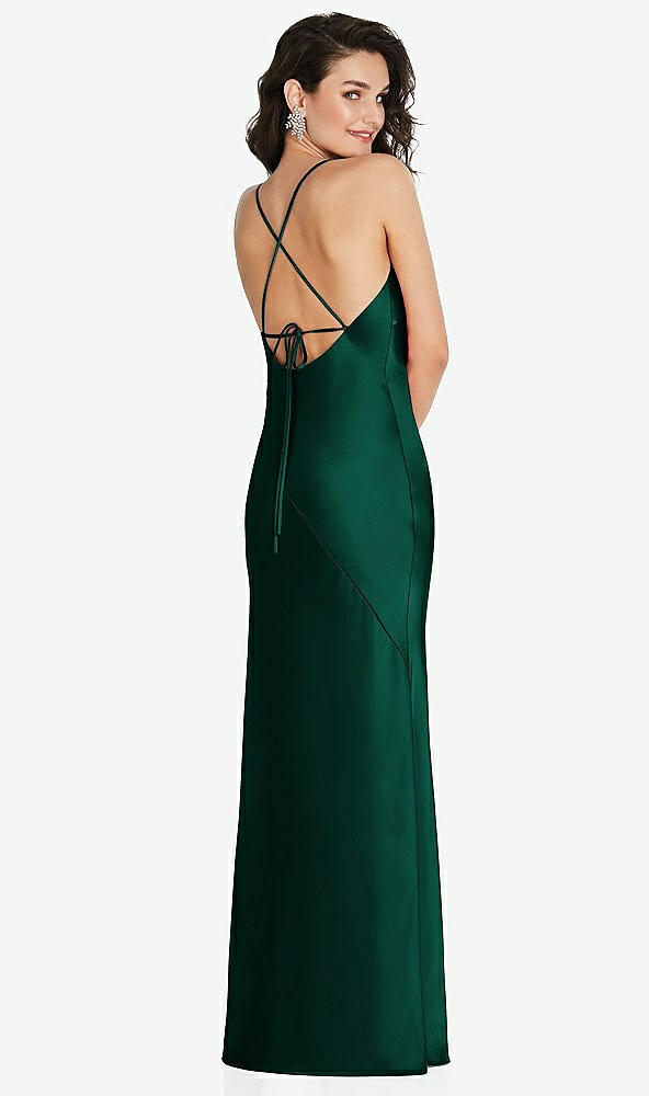 Back View - Hunter Green V-Neck Convertible Strap Bias Slip Dress with Front Slit