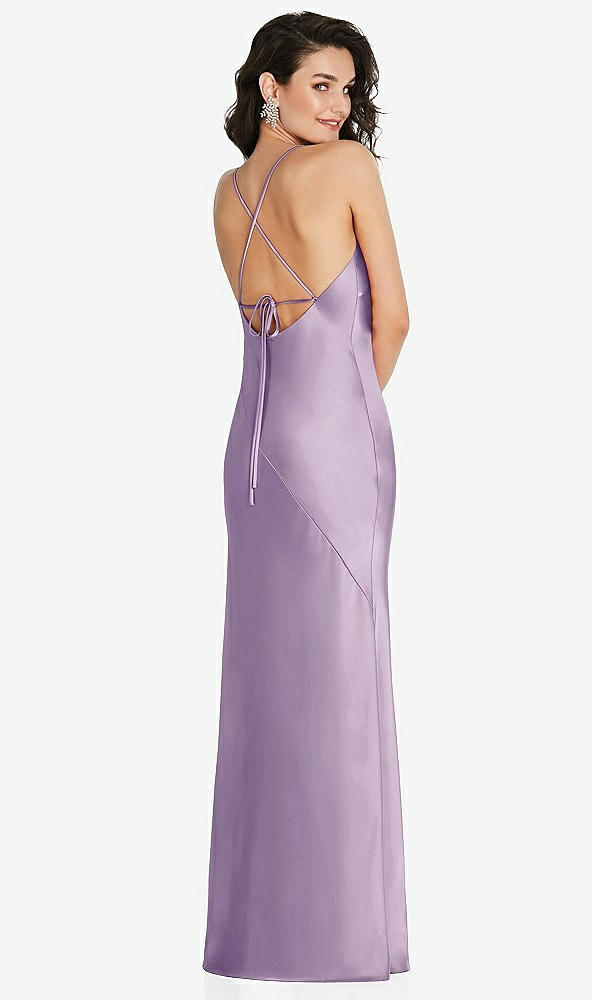 Back View - Pale Purple V-Neck Convertible Strap Bias Slip Dress with Front Slit